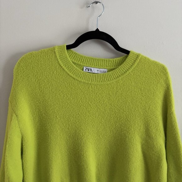 Zara Women S Lime Green Crew Neck Long Sleeve Soft Touch Cropped Knit Sweater - Picture 7 of 11